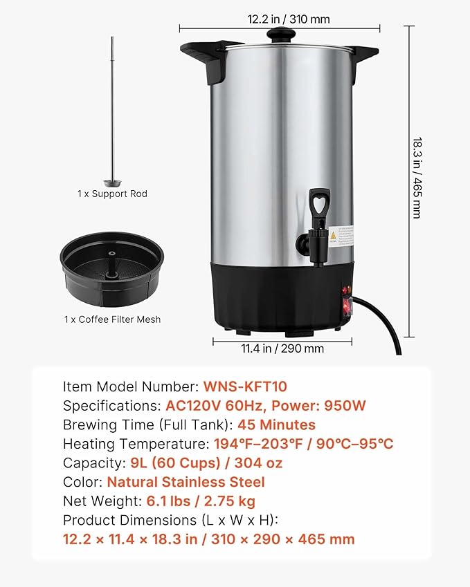 Coffee Urn 60 Cup 9L Stainless Steel Hot Beverage Dispenser Quick Brew Coffee Maker for Catering Parties Church Office Dripless Spigot