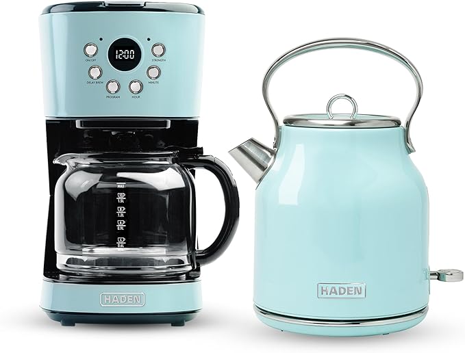 HADEN Coffee Machine 12 Cup Drip Coffee Maker Bundled with Heritage 1.7 Liter Stainless Steel Electric Kettle Turquoise &amp Chrome