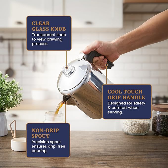 Elite Gourmet EC008 Classic Stovetop Coffee Percolator Glass Clear Brew Progress Knob Cool-Touch Handle Cordless Serve 8-Cup Stainless Steel