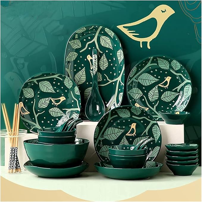 22 Pcs Dinnerware Sets European Style Porcelain Tableware Set With Plates And Bowls Green Golden Ceramic Dinner Set For Home Kitchen