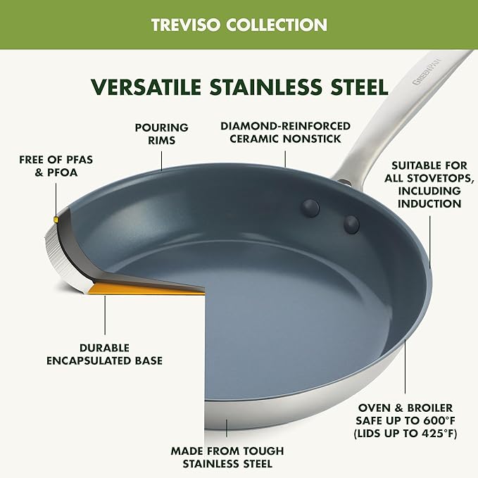 GreenPan Treviso 10 Piece Cookware Set Non-Toxic PFAS-Free Stainless Steel Ceramic Nonstick Coating Induction Suitable Pots Pans Lids Sauté &amp Saucepans Multi Clad Dishwasher &amp Oven Safe