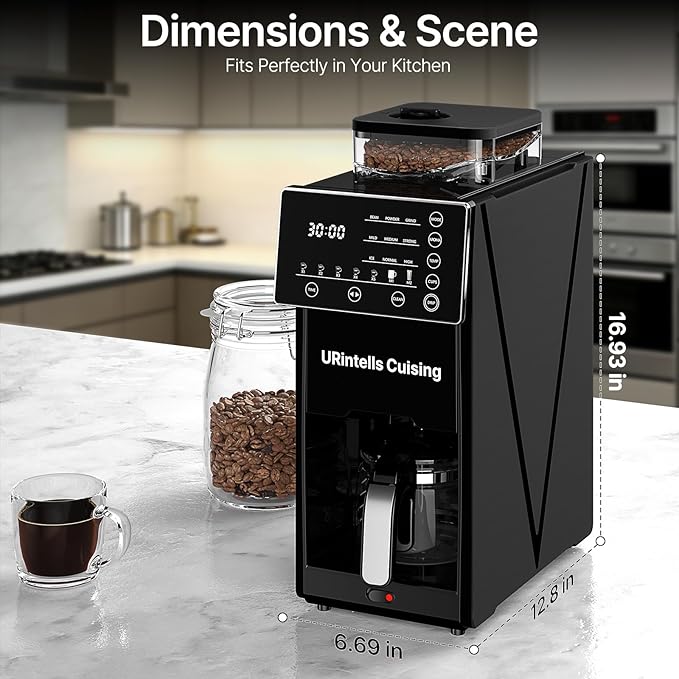 Coffee Maker with Grinder 22OZ Drip Coffee Maker with Glass Carafe and Removable Filter Programmable Hot and Cold Bean to Cup Coffee Machine with Timer Auto Shut Off