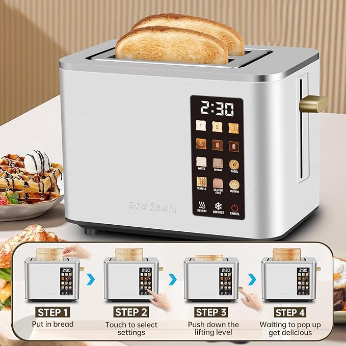 2-Slice Toaster with Touch Control 6 Shade Settings &amp 6 Bread Type 900W Removable Crumb Tray Countdown Display Smart Stainless Steel Design Silver
