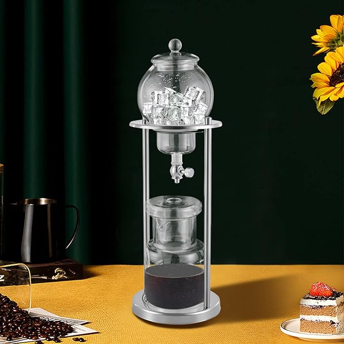 Glass Iced Coffee Cold Brew Drip Tower Coffee Filter Drip Tower 600ml/20.29oz Coffee Maker With Slow Drip Technology and with Glass Container Stand Makes 6-8 Cups (Silver)