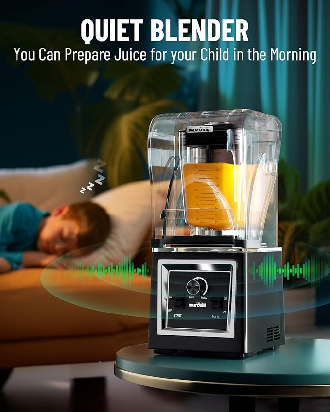 WantJoin Professional Grade Blender - Soundproof &amp Quiet Commercial Blenders 2000W High-Power with Removable Shield 67oz Large Capacity for Smoothies Shakes Frozen Drinks &amp Kitchen Use (Gr