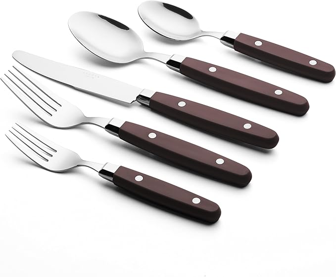 ANNOVA Silverware Set Retro/Rivet Colorful Stainless Steel Tableware Kitchen Flatware Set Utensils Includes Dinner Knives Forks Spoons Salad Forks &amp Dessert Spoons (Chocolate Brown 20 Pieces