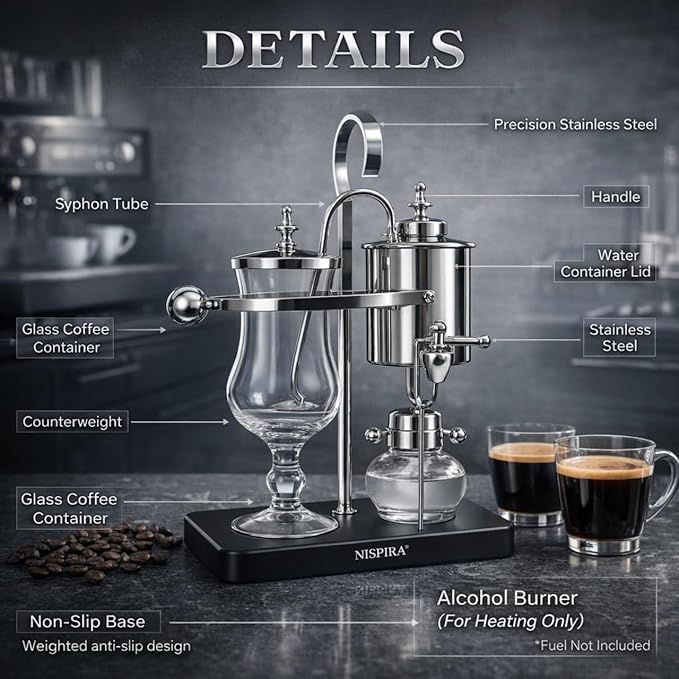 Nispira Belgian Balance Syphon Vacuum Coffee Maker 500 ml Vintage Gravity Brewing System Silver Finish Manual Tabletop Coffee Brewer