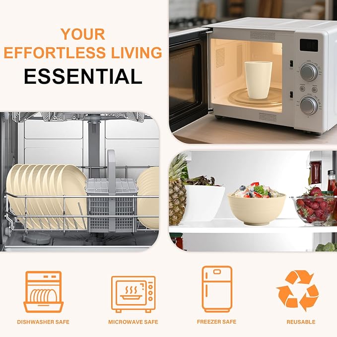 Wheat Straw Dishes Set Service for 8 Reusable Plastic Dinnerware Set 32 PCS Kitchen Plates and Bowls sets Unbreakable Microwave and Dishwasher Safe Camping Dishes for RV Outdoor - Beige