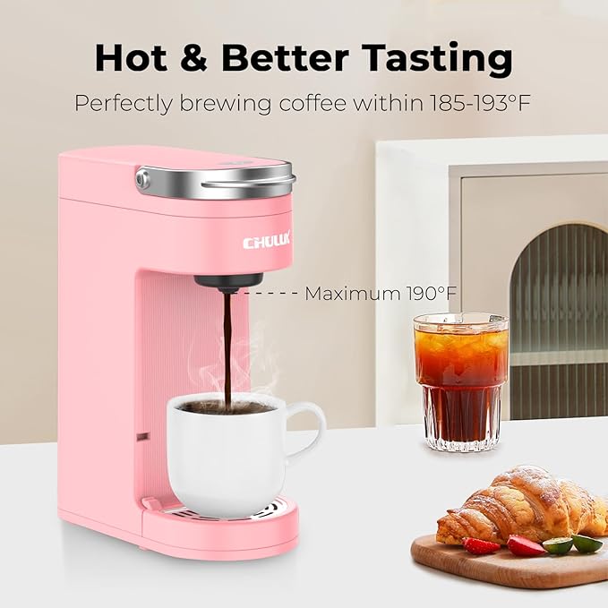 CHULUX Slim Single Serve Coffee Maker for K Pods One Cup Coffee Maker Fits 7.3 Travel Mugs Coffee Machine with 6 to 12oz Brew Sizes Salmon Pink