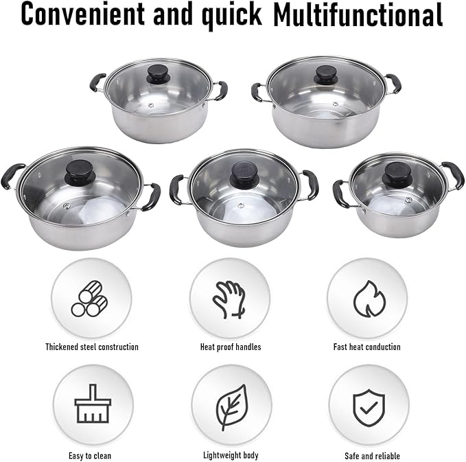 Diydeg Cookware Set 5Pcs Kitchen Cooking Pots Kitchen Cookware with Glass Lids Stainless Steel Milk Pot Cooking Set for Induction Cooktop