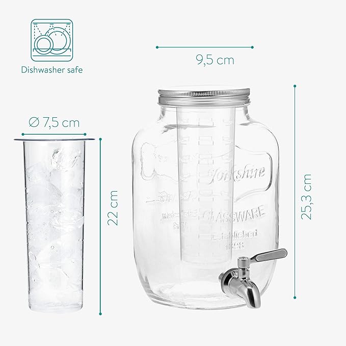 Navaris Glass Drink Dispenser with Spout - 4 L / 1 Gallon Mason Jar with Fruit &amp Ice Infuser - Beverage Fountain for Sweet Tea Punch Water Cocktail - Drinks Pitcher For Parties