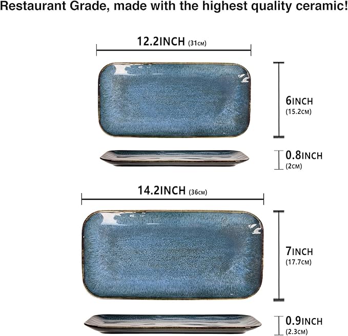 Porcelain Dinner Plates Blue 2 PCS Serving platters for entertaining for Fruit cheese snack Bread cupcake Salad - Scratch Resistant durable Microwave Dishwasher Safe