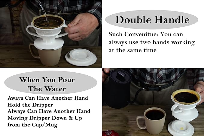 Pour Over Ceramic Coffee Dripper Set V Shape #2 Ceramic Dripper + Dripping Tray (Double Handle)