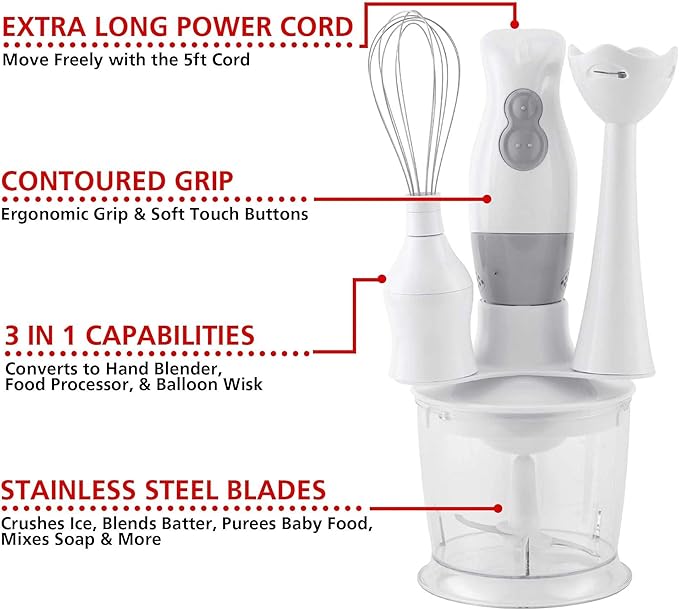 2-Speed Electric Hand Blender with Balloon Whisk – Ergonomic Immersion Blender for Mixing Chopping and Food Processing – Stainless Steel Blades 5ft Cord Dishwasher Safe (White)