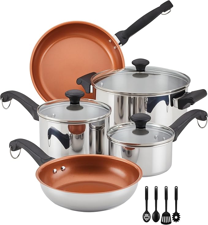 Farberware Classic Traditions Stainless Steel Cookware Induction Pots and Pans Set with Prestige Cooking Utensils 12 Piece - Stainless Steel