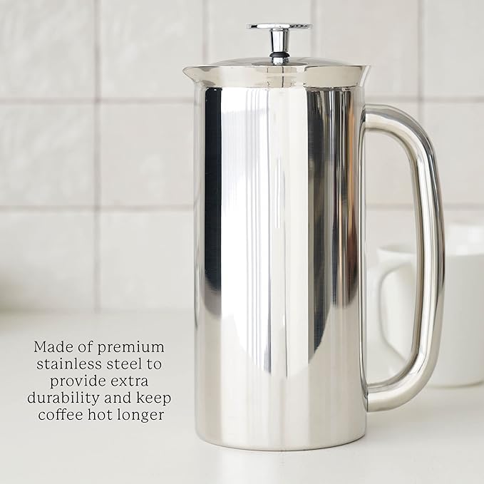 ESPRO - P7 French Press - Double Walled Stainless Steel Insulated Coffee and Tea Maker with Micro-Filter - Keep Drinks Hotter for Longer (Polished Stainless Steel 18 Oz) Cleaning Powder