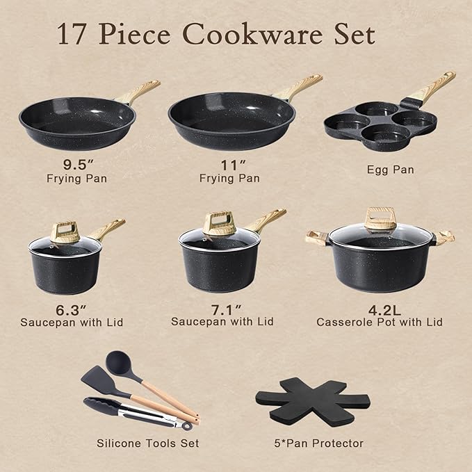 GiPP Ceramic Pots and Pans Set Non Stick - 17 Pcs Nonstick Cookware Set Non-toxic Healthy Kitchen Cooking Set w/Frying Pans Set Dishwasher Safe PFAS PTFE PFOA PFOS Free Dark Gray