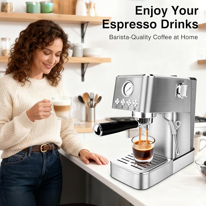 Sorgente 20 Bar Espresso Machine Stainless Steel Coffee Maker with Milk Frother 1350W Fast-Heating for Home Cappuccino &amp Latte Visible Pressure Gauge Silver