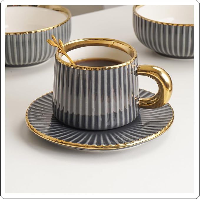 Luxury Black and White Porcelain Dinnerware Set 16 Piece Gold Rim Fluted Rim Design Service for 4 with Plates and Bowls Cups Saucers Dishwasher &amp Microwave Safe Modern (Black)