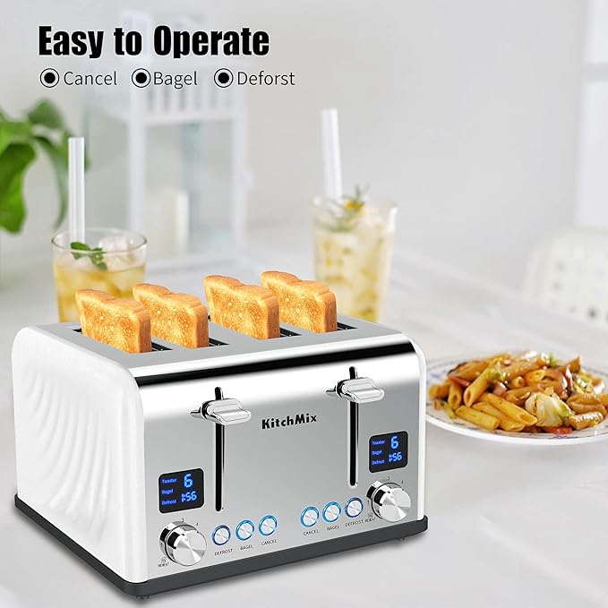 Toaster 4 Slice KitchMix Bagel Stainless Toaster with LCD Timer Extra Wide Slots Dual Screen Removal Crumb Tray (White)
