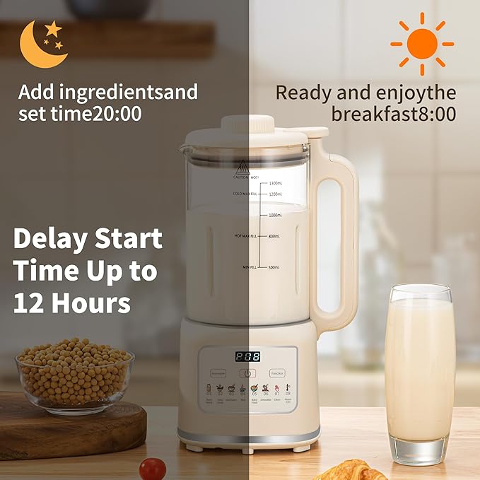 8 in 1 Nut Milk Maker Blender With 20 Bladers40oz Soy Almond Oat Coconut Plant Based and Non Dairy Beverages Automatic Soybean Machine With Delay Start/Keep Warm/Boil Water/Auto-clean.