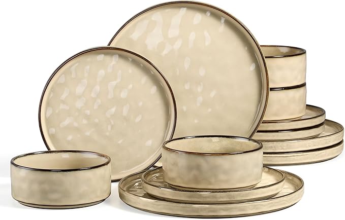 Vesteel Dinnerware Sets 12-Piece Stoneware Plates and Bowls Set Dishes Set for 4 Elegant Ceramic Dinnerware for Home Restaurant - Khaki