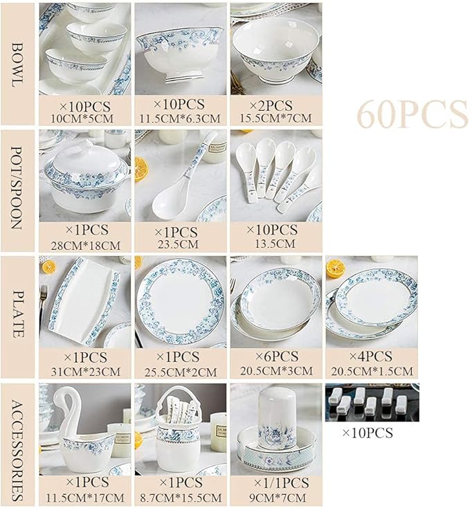 65 pcs Dinnerware Set Serves for 10 People Line Drawing Decoration Bone China Tableware SetPremium Quality Porcelain Dishes/Plate/BowlDishwasher &amp Microwave SafeBlue (60pcs Serves for 10 Peopl