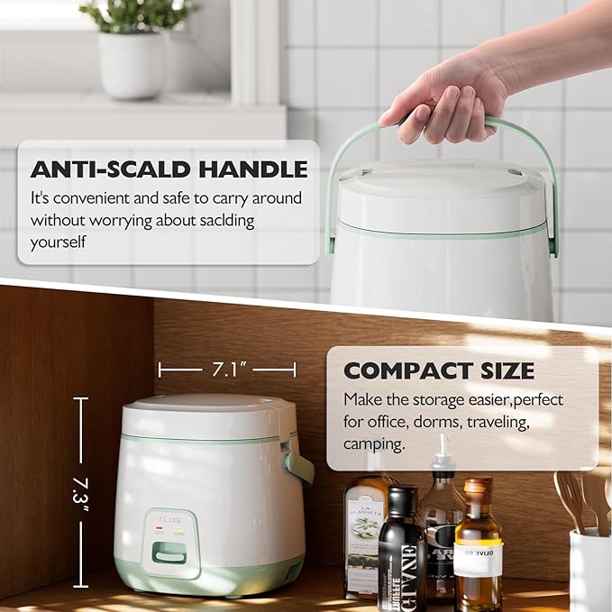 TLOG Mini Rice Cooker 2-Cup Uncooked(4-Cup cooked) Healthy Non-stick Coating 1.2L Small Rice Maker for 1-3 People Portable Travel Fast Cooker with Steam Tray Rice Maker for Grains White Rice Oatm