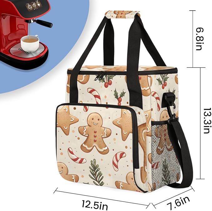 Cartoon Gingerbread Man Coffee Maker Carrying Bag Travel Storage Bag Compatible with K-Mini or K-Mini Plus Single Serve Coffee Brewer Carrying Case with Multiple Pockets &amp Shoulder Strap