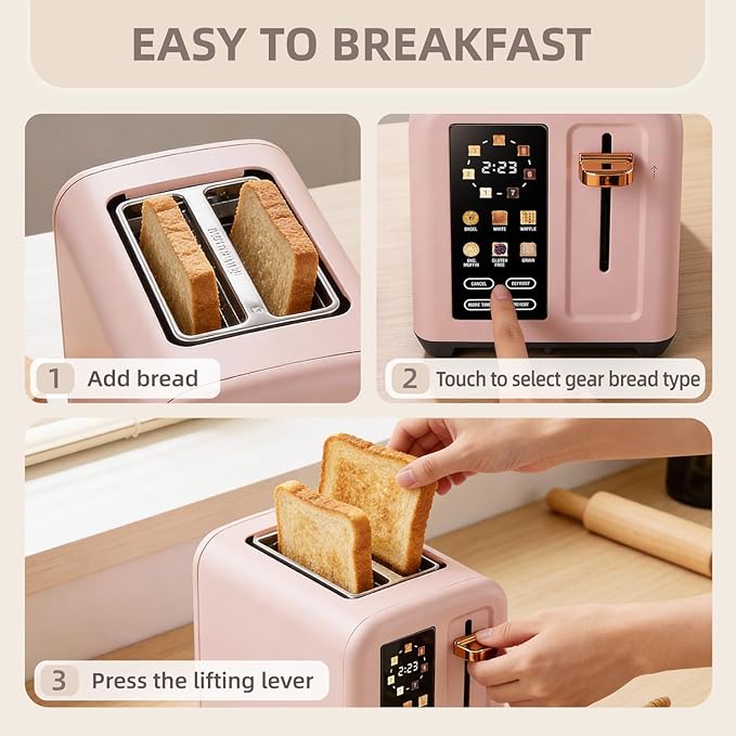 2-Slice Toaster with Touch Screen 7 Shade Settings Extra Wide Slots 6 Bread Function Stainless Steel with High Lift Lever Removable Crumb Tray 1350W (Pink)