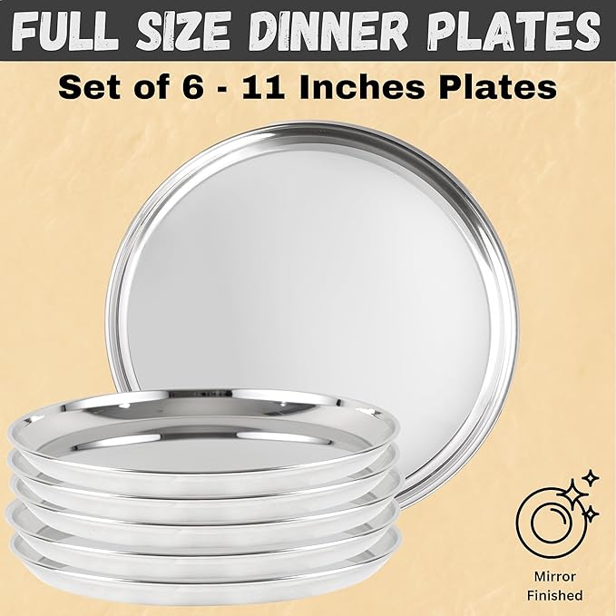 48 Pieces Dinner Set Stainless Steel Dinnerware Set Service for 6 (Full Plates Quarter Dishes Bowls Tumblers) Metal Reusable set for Home Kitchen Camping Dishwasher Safe