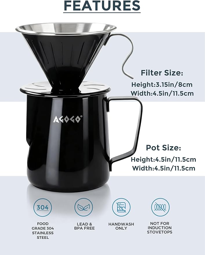 AGOGO Portable Pour Over Coffee Maker V60 Set - Easy Cleaning Compact 304 Stainless Steel Dripper for Camping &amp 50 Filters Paper &amp Barista Towel Black 20oz/600ml
