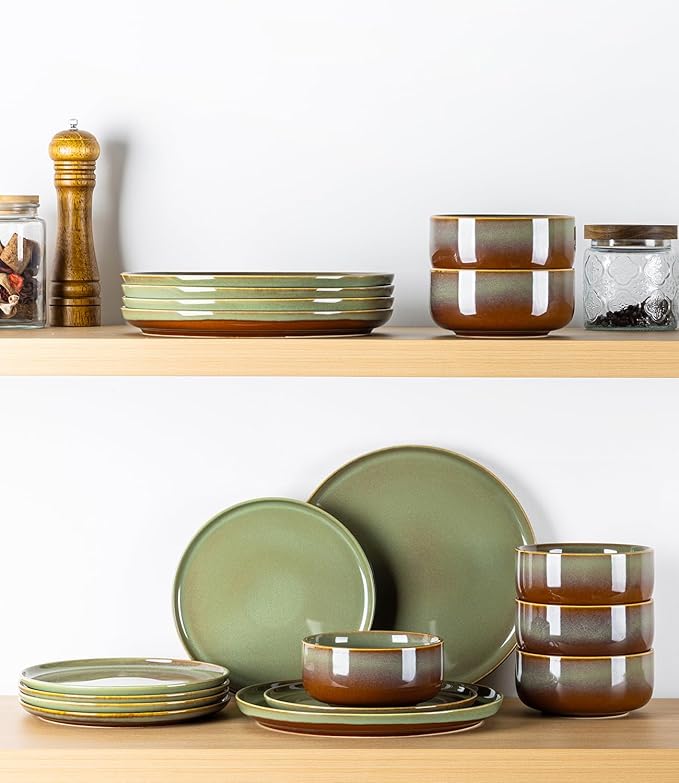 TheTerra Ceramic Dinnerware Sets for 6 18 Pieces Handmade Reactive Glaze Plates and Bowls Set Scratch Resistant Dish Set Oven &amp Microwave &amp Dishwasher Safe Sage Umber