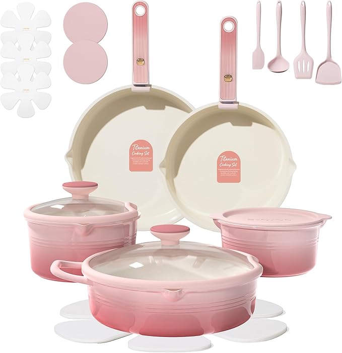 CAROTE 20Pcs Titanium Cookware Set Pots and Pans Set Non Stick Kitchen Cooking Set with Detachable Handle Non Toxic Induction Cookware Dishwasher/Oven Safe Pink