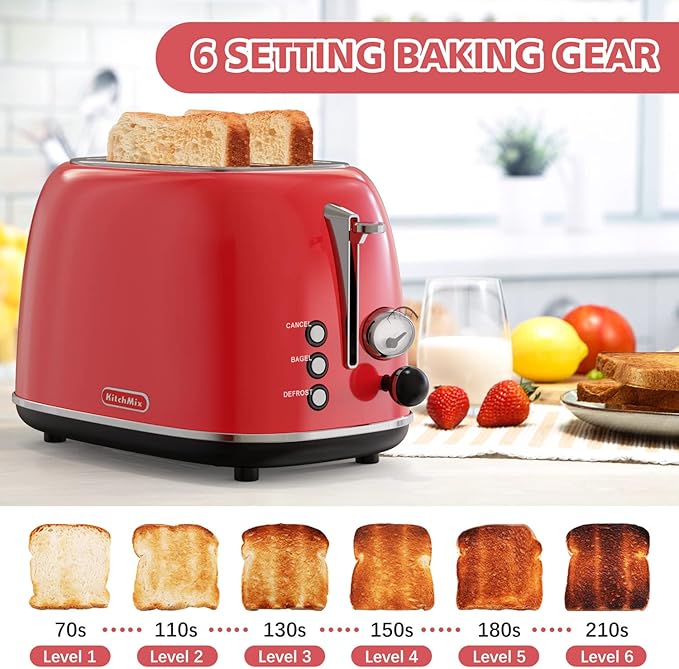 Toaster 2 sliceRetro Stainless Steel Toaster with 6 Settings 1.5 In Extra Wide Slots Bagel/Defrost/Cancel Function Removable Crumb Tray (Red)