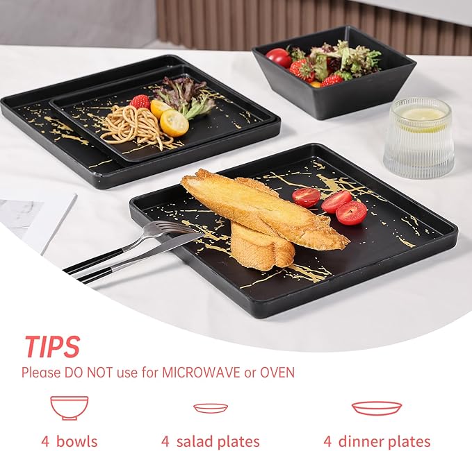 Melamine Dinnerware Sets - 12pcs Square Plates and Bowls Sets For 4 Indoor Outdoor Use Dishwasher Safe Black &amp Gold