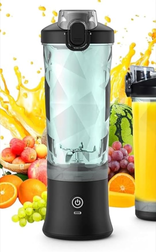 Portable Blender 600ml Personal Size Juicer Machine Smoothie Blender with Six Blades USB Rechargeable Juicer Cup for Travel Gym Outdoors and Home (black)