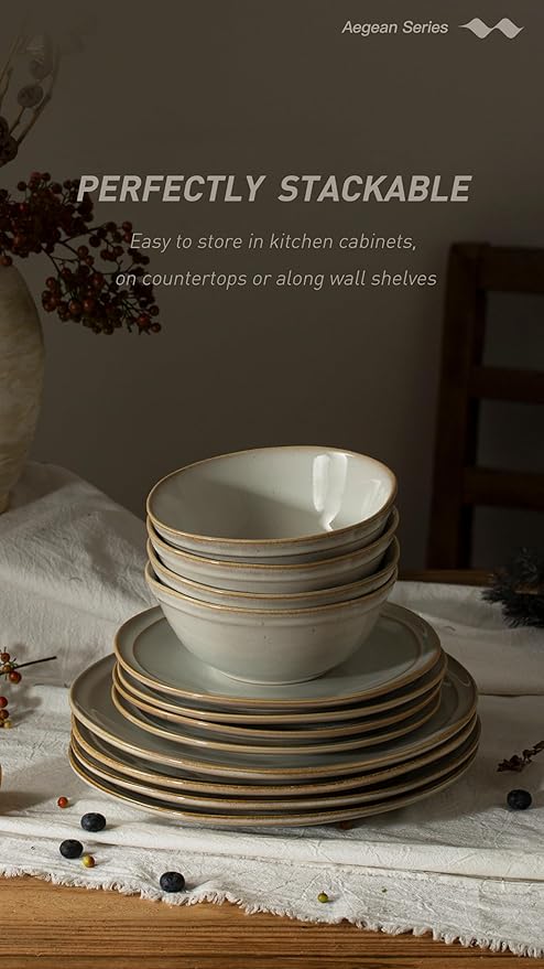 Famiware Aegean Stoneware Dinnerware Set for 4 Plates and Bowls Sets 12-Piece Scratch-Resistant Dinner Plate Set Handmade Irregular Round Dishes - Microwave and Dishwasher Safe Cappuccino White