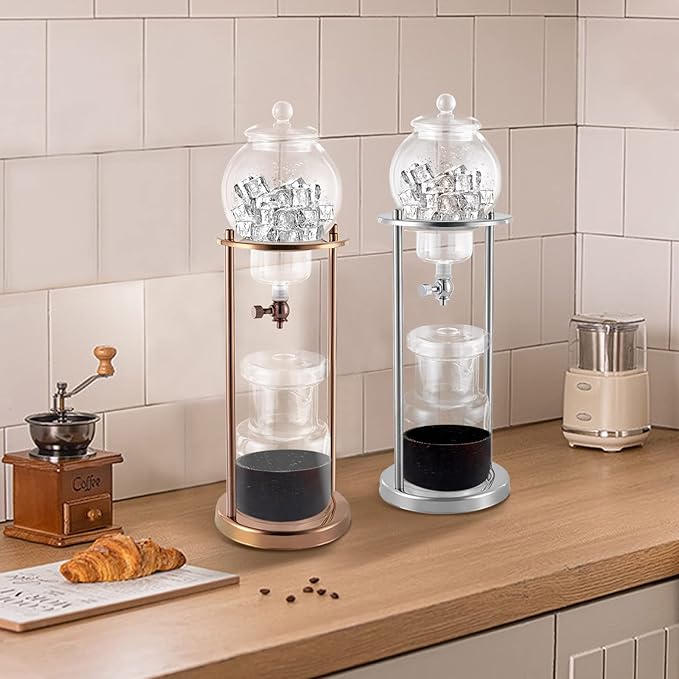 Iced Coffee Cold Brew Drip Tower Coffee Maker Ice Coffee Machine Cold Brew Dripper Iced Coffee Brewer Maker 8 cup (Sliver)