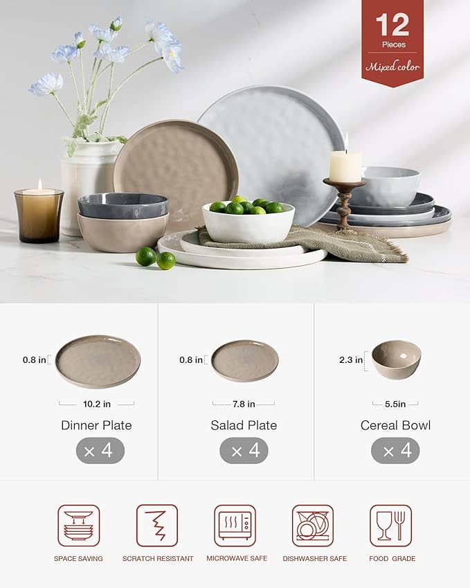 Famiware Mars Plates and Bowls Set 12 Pieces Dinnerware Sets Dishes Set for 4 Multi-color