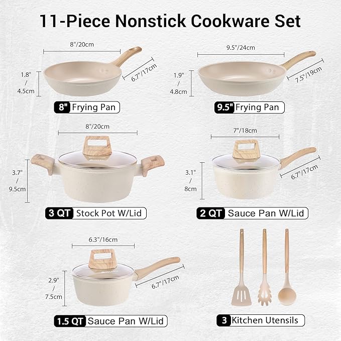 Pots and Pans Set Non Stick 11pcs Ceramic Cookware Set Non Toxic Induction Kitchen Cookware Sets Nonstick Cooking Set with Stay Cool Handle 100% PFOA Free Cream