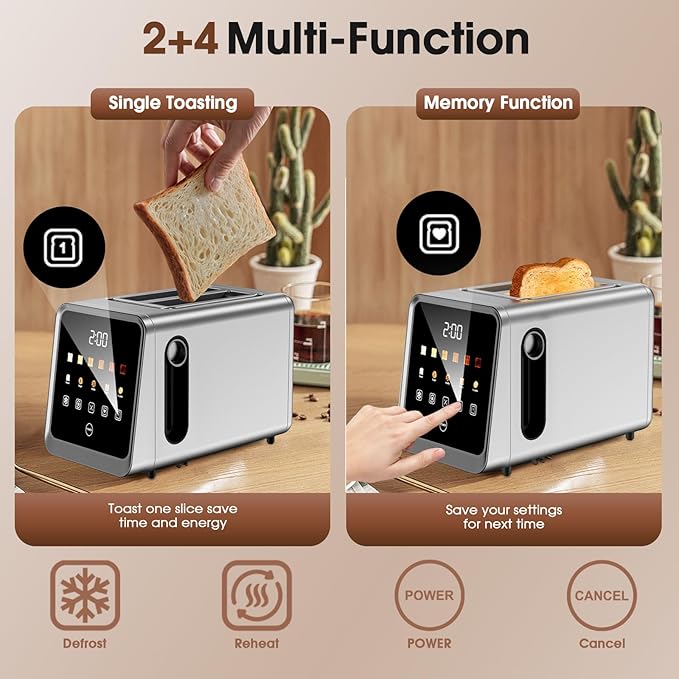 Touch Screen Toaster 2 Slice Stainless Steel Smart Digital Toasters with Single Slot Toasting Memory Function 5 Bread Types &amp 6 Shade Settings1.5 Wide Slot 900W