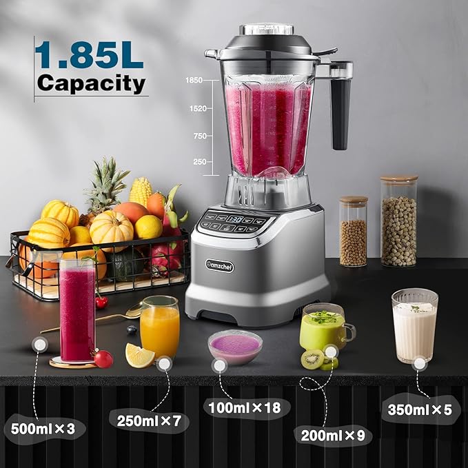 AMZCHEF Professional Blender for Smoothies4 Functions1800W Smoothie Blender63 Oz Pitcher/20-Oz To-go CupIce and Frozen FruitSelf-CleaningHigh SpeedGrey