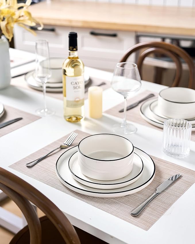 Famiware Porcelain Dinnerware Set 12-Piece Modern Plate and Bowl Set Dish Set for 4 Microwave and Dishwasher Safe Tableware White with Black Trim