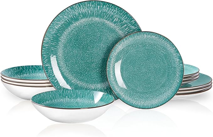 Bestone 12-Piece Round Porcelain Dinnerware Set Service for 4 Chip Resistant Plates and BowlsGreen Dishwasher &amp Microwave Safe for Home Daily Use