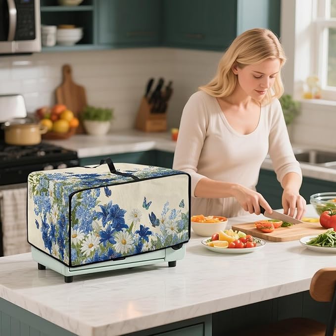 Lily Daisy Print Toaster Oven Covers for Kitchen Counter Decor Heavy Duty Toaster Oven Air Fryer Cover Kitchen Small Appliance Protector with Side Pockets Blue