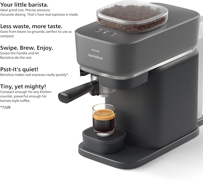 Philips Baristina Espresso Machine Grind Tamp &amp Brew Coffee Beans in One Swipe Compact 16 Bar Pump Pressure Automatic Grinder Black with Black Portafilter (BAR300/60)
