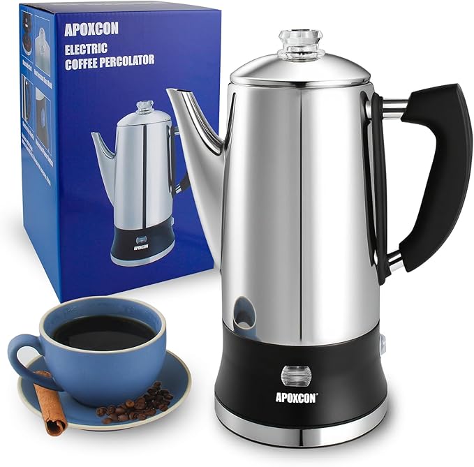 Electric Coffee Percolator Stainless Steel Coffee Maker with Clear Brew Progress Tough Glass Knob and On/OFF Switch Classic Coffee Pot with Keep Warm &amp Cordless Serve No Aluminum (12 Cup)