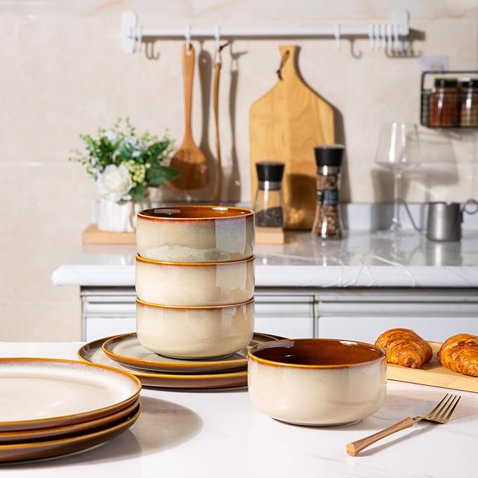 LERATIO Ceramic Dinnerware Sets for 8Plates and Bowls SetsReactive Glaze Dishes SetHighly Chip and Crack Resistant | Dishwasher &amp Microwave &amp Oven Safe Dishes setService for 8-Kahki (24pc)