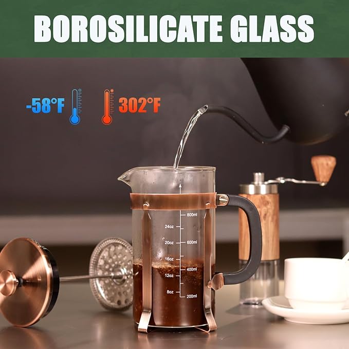 French Press Coffee Maker 34 Ounce 1 Liter Stainless Steel Cold Brew Heat Resistant Borosilicate Glass Espresso Coffee &amp Tea Maker with 4 Filter